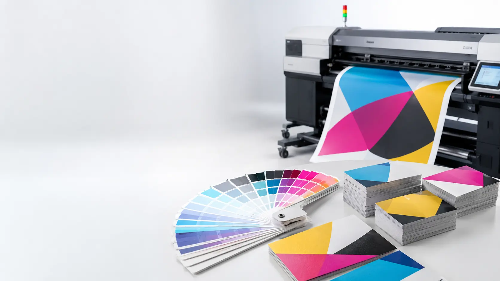 Commercial printing press with color swatches and finished print products